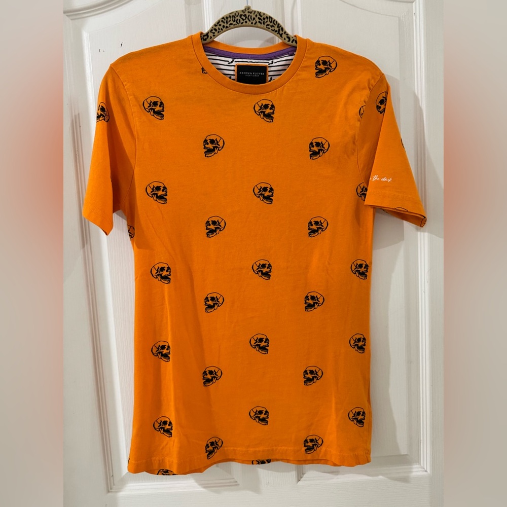 Skull Print Denim & Flower Orange Short-Sleeve Tee - great for Halloween